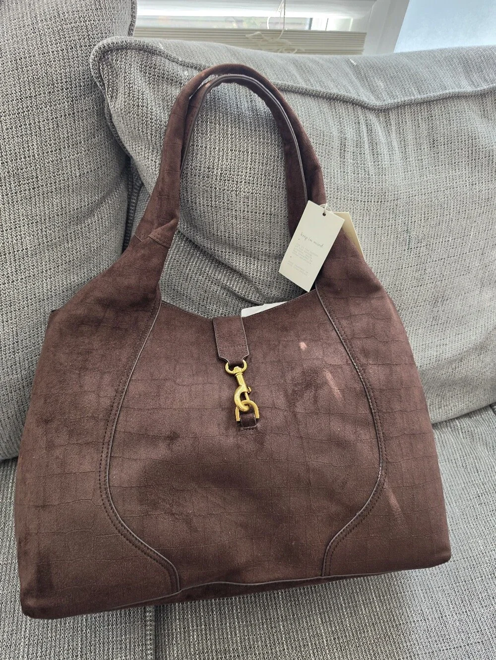 Faux Suede Navy Shoulder Hobo Bag with Gold Hardware